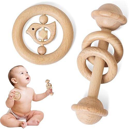 2pc Set Wooden Rattle Toys Beech Wood Ring Montessori Bird Shape Grasping Toddler Toys