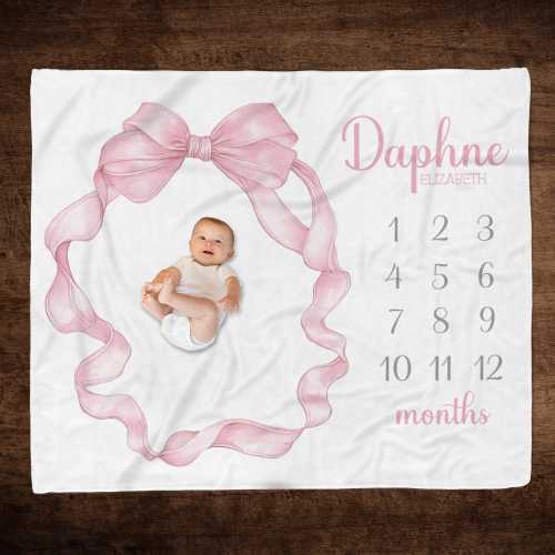PERSONALIZED PINK BOW Milestone Blanket, Baby Girl Pink Bow Blanket, Baby Growth Blanket, Coquette Baby Girl Gift, Month Blanket Baby Girl