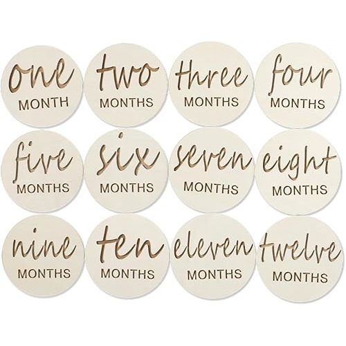 12pcs Wooden Baby Monthly Cards Milestone Wood Discs,Milestone for Baby Boy,Months Signs Milestone for Baby Girl,Fathers Day Gift