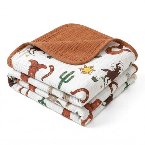 Breling Western Cowboy Muslin Baby Blankets for Girls Boys, 100% Cotton Crib Blanket for Infant Toddler, 40 x 36 Inch Soft and Lightweight Nursery Swaddling Wrap