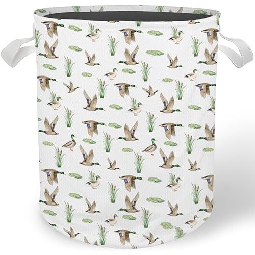 Mallard Duck Nursery Laundry Basket, Farmhouse Waterfowl Mallard Ducks Laundry Basket Hamper Waterproof Collapsible Clothes Toys Storage Bin for Bedroom Bathroom Kids Room, Toybox for Boys