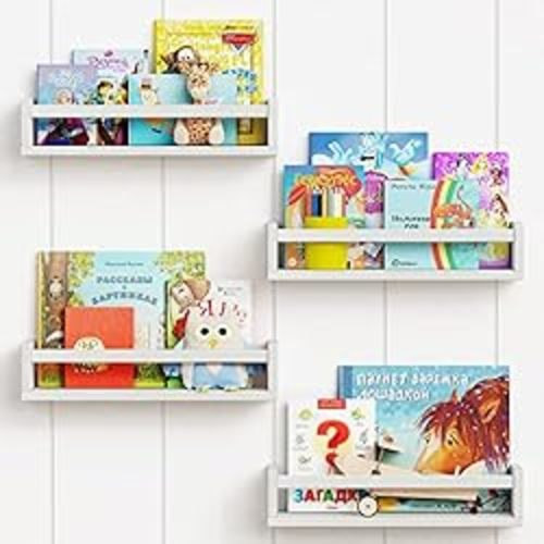 Forbena Floating Nursery Book Shelves for Wall Set of 4, White Wall Bookshelf for Kids Room, Small Wood Book Shelf Wall Mounted for Baby Teen Boys Girls Bedoom Bathroom Toy and Decor Storage - 16.5 Inch