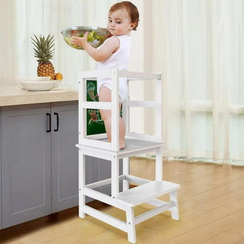 G TALECO GEAR Kitchen Toddler Step Stool Helper with Drawing Board, Toddler Tower for Kids Standing, Wood, White