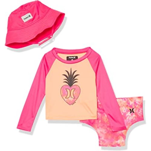 Hurley Girls' Long Sleeve Rash Guard and Hat 3-Piece Swimsuit Set