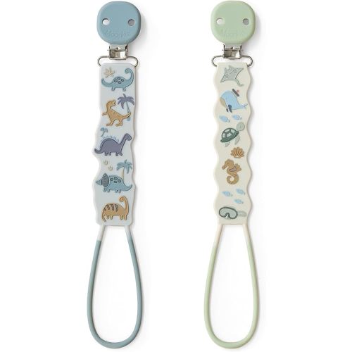 Moonkie Flat Silicone Pacifier Clips (2-Pack) – One-Piece Strap Holders, Binky Clips for Baby Boys & Girls, Gift-Ready Baby Essentials (Dino & Deep Sea)