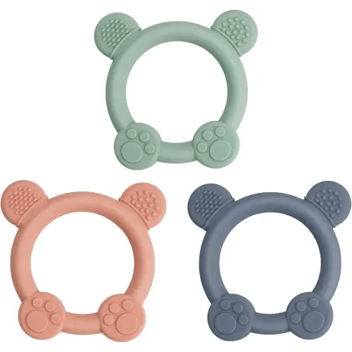 3 Pack Baby Teether, Bear-Shaped Silicone Teething Toys for Infants 0-24 Months, BPA-Free Chew Toys to Soothe Sore Gums (Pale Pink & Green & Blue)