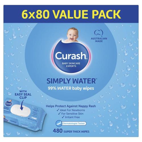 Curash Simply Water Wipes 6 x 80 Pack