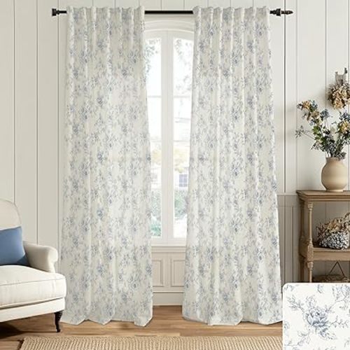 Patterned Farmhouse Curtains for Living Room,Light Blue Floral Toile Country Dusty Blue Grey Gray Coastal Curtains for Bedroom 84 Inch Length 2 Panels Set