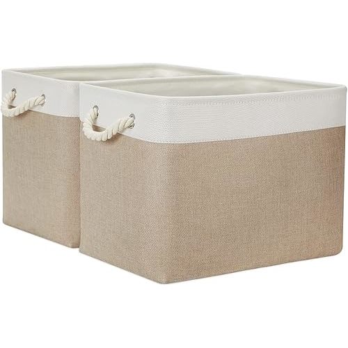 Temary Fabric Storage Baskets 2 Pack Decorative Storage Bins Basket for Gifts Empty Shelf Baskets with Handles for Organizing Home Closet, Towels (White&Khaki,16Lx12Wx12H Inches)