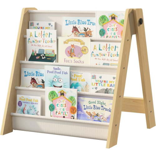 NACHES 4-Tier Foldable Kids Bookshelf, Large Capacity Montessori Sling Bookcase with 4 Deep Fabric Pockets, Toddler Book Organizer for Nursery, Kids Room, Bedroom, Playroom (Burlywood)