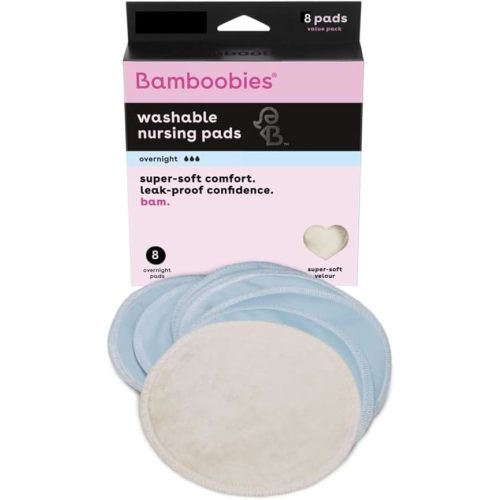 Bamboobies Overnight Nursing Pads, Ultra-Soft Velour, Reusable and Washable for Nightly Use, Leak-Proof Pads for Breastfeeding, 8 Pads