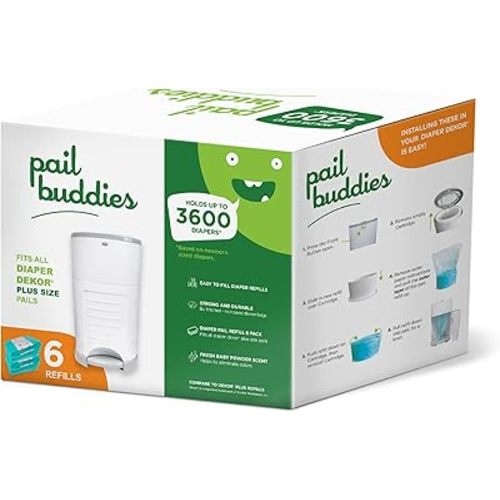 Pail Buddies Diaper Pail Refills | 6 Count | Compatible with Dekor Plus Diaper Pail | Strong, Durable Diaper Pail Refills with Fresh, Baby Powder Scent