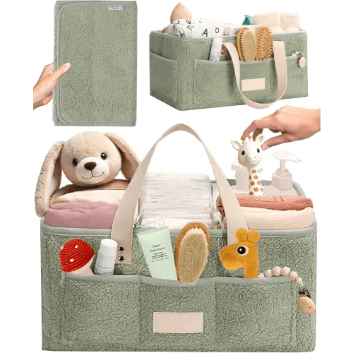 Baby Diaper Caddy Organizer with Portable Changing Mat - Teddy Fleece Diaper Organizer for Changing Table - Baby Basket for Diaper Changing Essentials - Baby Caddy Organizer with Removable Dividers