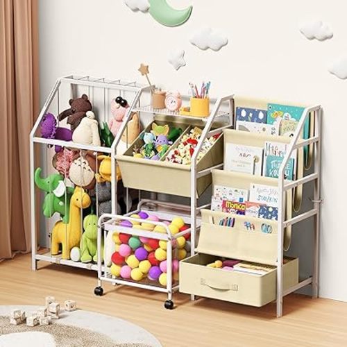 Kids Bookshelf and Toy Storage, 3 Tier Sling Montessori Bookcase with Toy Organizer & Stuffed Animal Storage, Children Baby Toddler Book Shelf for Kids Rooms Nursery Bedroom Playroom, White