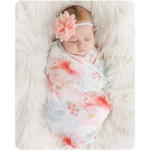 Baby Receiving Blanket Swaddle Blanket Newborn Wrap Swaddle Headband Set -Bloom Flower Pattern