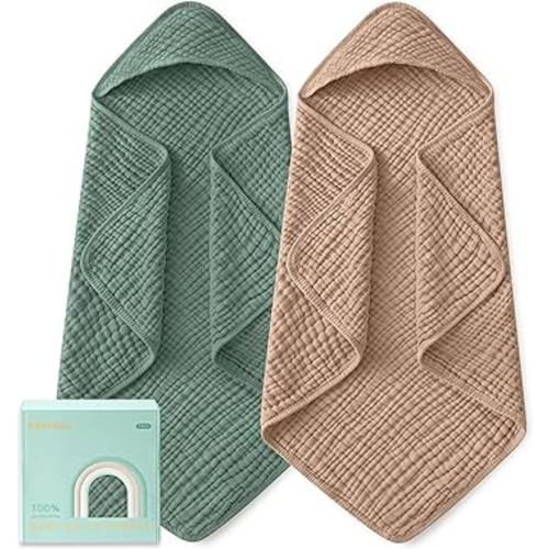 Yoofoss Hooded Baby Towels for Newborn 2 Pack 100% Muslin Organic Cotton Baby Bath Towel with Hood for Babies, Infant, Toddler and Kids, Large 32x32Inch, Soft and Absorbent Newborn Essential