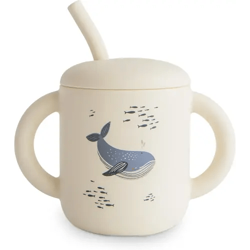 mushie 100% Silicone Training Cup & Straw for Toddlers | 6 Months+ (Whales)