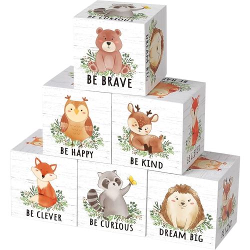 6 Pcs 1.6 Inch Inspirational Woodland Nursery Decor Animals Wall Decor Stuff Wooden Forest Animals Bear Raccoon Lion Fox Block Safari Creature Table Decoration(Woodland)