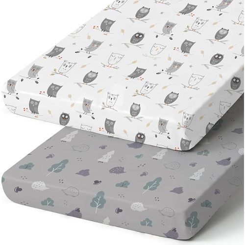 Pack n Play Sheets, BROLEX 2 Pack Mini Crib Sheets,Stretchy Portable Fitted Playard Sheet Set, Convertible Playard Mattress Cover,Ultra Soft Breathable Material,Hedgehog&Owl - Hedgehog&owl