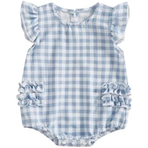 Infant Newborn Baby Girl Summer Outfit One Piece Smocked Romper Ruffle Sleeve Plaid Playsuit Headband 3 6 9 12 18M