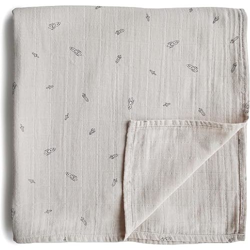 mushie Muslin Baby Swaddle Blanket | 100% Organic Cotton (Rocket Ship)
