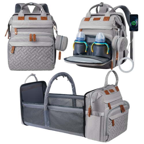 Babyomi Diaper Bag Backpack, Large Backpack Diaper Bag with Foldable Crib and USB Charging Port, Travel Backpack Changing Station for Babys, Grey