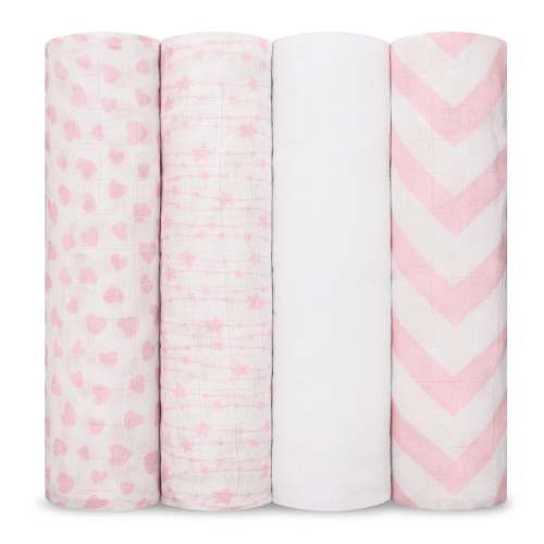 Muslin Swaddle Blankets, 4 Pack by Comfy Cubs - Pink