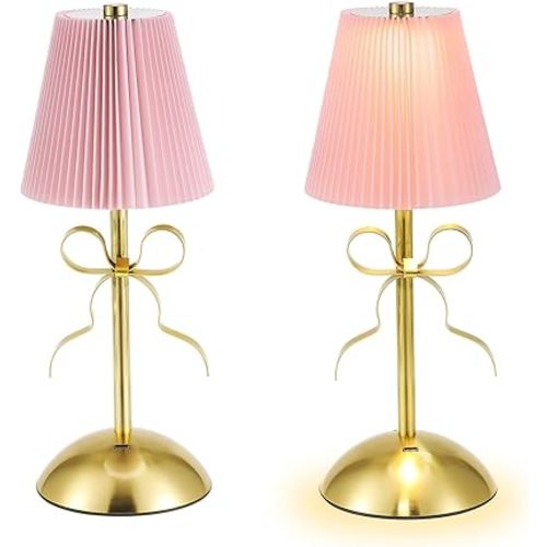 2 Pack Small Gold Bow Table Lamp 12 Inch for Girl's Bedroom Cute Coquette Bow Table Lamp with Fabric Shade Modern Decorative Bedside Light Small Princess Desk Lighting Boho Living Room (Pink)