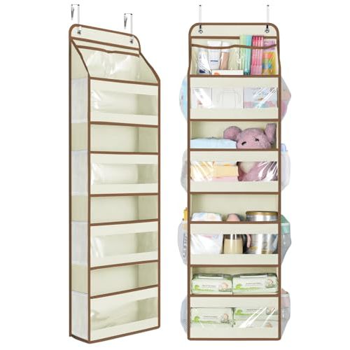 Yecaye 5 Tier 1Pc Over the Door Organizer, Swing-proof Door Organizer Hanging with Clear PVC Windows, Behind the Door Storage for Bedroom Nursery Closet Laundry Pantry Bathroom, Beige