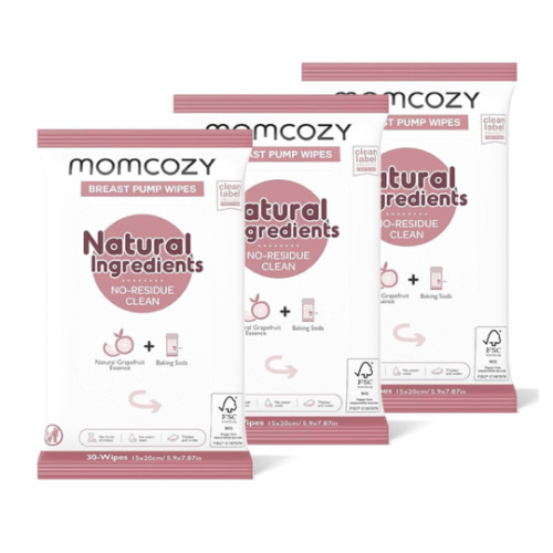 Momcozy Natural Breast Pump Wipes for Pump Parts Cleaning On-the-go, 30 Count (Pack of 3), Flash Clean & Resealable Pump Wipes