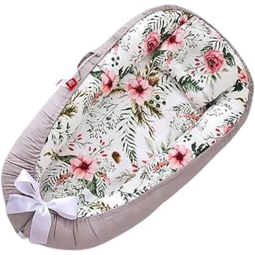 Newborn Essentials Baby Snuggle Me,Baby Lounger for Newborn, Baby Nest Cover for 0-12 Months, Breathable & Portable Infant Lounger, Adjustable Baby Floor Seat Cover for Travel (Gray-Rimmed Bouquet)