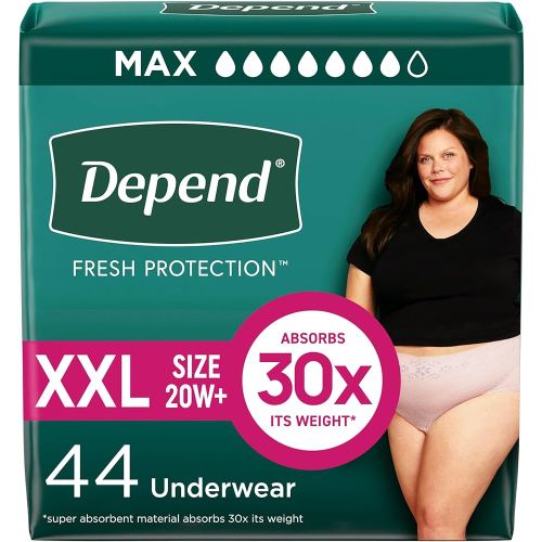 Depend Fresh Protection Adult Diapers, Incontinence & Postpartum Bladder Leak Underwear for Women, Disposable, Maximum, Extra-Extra-Large, Blush, 44 Count (2 Packs of 22), Packaging May Vary