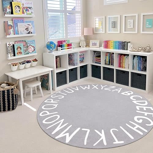 LIVEBOX ABC Play Room Round Rug for Kids Bedroom, Alphabet Area Rug Circle Washable Rug for Playroom Classroom Tent, Non-Slip Crawling Mat Circular Learning Carpet for Teen Boys and Girls (59",Grey)
