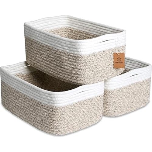 NaturalCozy 13.5”x8.5”x5.5” Storage Baskets for Shelves 3 Pack | Cotton Rope Woven Small Baskets for Organizing | Small Storage Bins for Nursery, Bathroom, Closet, Cube Shelf, Decorative, Gift