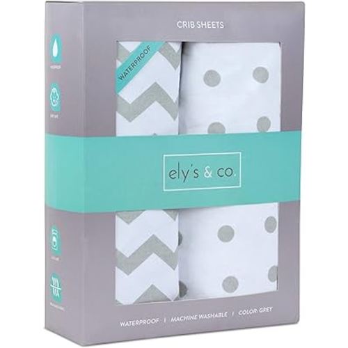 Ely's & Co. Patent Pending Waterproof Crib Sheet | Toddler Sheet, No Need for Mattress Pad Cover, 2 Pack Grey Chevron and Polka Dots, Unisex for Baby Boy and Baby Girl