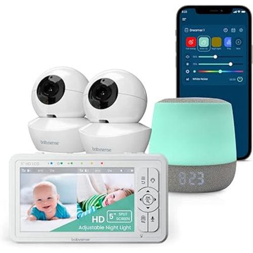 Babysense 2 in 1 Video Baby Monitor with 2 HD Cameras & 5" HD Display Bundled with Smart Baby White Noise Sound and Light Machine