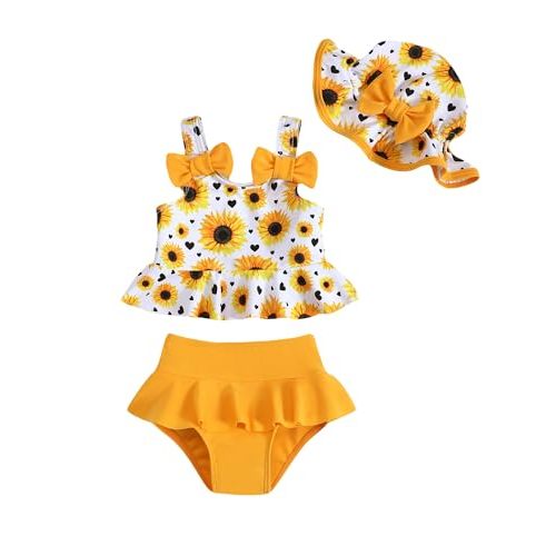 Mioglrie Baby Infant Swimsuit Girl Toddler Bathing Suit Girl Summer Beach Bikini Tankini Swimwear Hat 3-24 Months 2t-5t