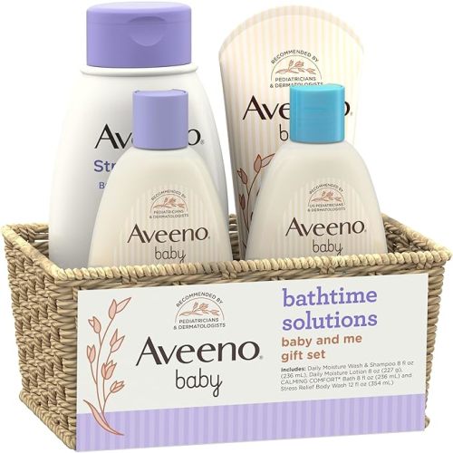 Aveeno Baby Bathtime Solutions Baby & Me Gift Set with Baby Wash & Shampoo, Calming Baby Bath, Baby Daily Moisturizing Lotion & Stress Relief Body Wash for Mom, Oatmeal, 4 Items