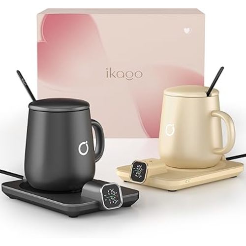 2Pcs Heated Coffee Mug Warmer & Mug Set - Heated Mug Warmer Plate with Auto Shut Off, 1°F Precise Electric Coffee Warmer Plate for Desk, Cool Valentine's Day Gift for Couple Women and Men
