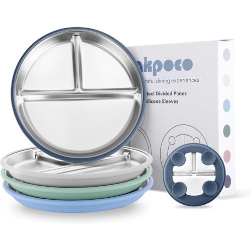 Bakpoco Stainless Steel Suction Plates for Toddlers, 9" Divided Kids Baby Plates with Removable Silicone Suction, Non Toxic Non Slip Portion Control Snack Dishes 4 Packs, Blue Gray Navy Sage