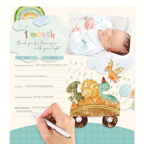 Baby's First Year Calendar by Bright Day - 1st Year Tracker - Journal Album to Capture Precious Moments - Milestone Keepsake for Baby Girl or Boy, Dinosaur - Dinosaurs