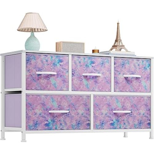 YITAHOME Wide Storage Tower with 5 Drawers - Fabric Dresser, Organizer Unit for Bedroom, Living Room, Closets - Sturdy Steel Frame, Easy Pull Fabric Bins & Wooden Top