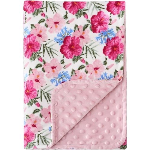 DaysU Silky Micro Soft Plush Baby Blankets for Girls with Print Pattern and Soothing Raised Dots, Double Layer Bed Throws for Baby Crib, Flower, Pink, 30x40 Inches