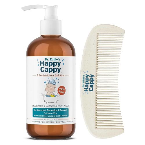 Happy Cappy Cradle Cap Medicated Shampoo & Body Wash with Comb - Baby Dandruff Shampoo, Helps Infants w/Seborrheic Dermatitis, Reduces Flakes & Redness, Dermatologist Tested, Fragrance Free - 8 fl oz