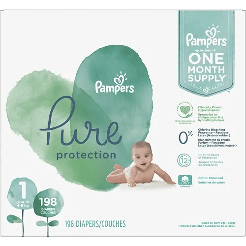 Diapers Size 1, 198 Count - Pampers Pure Protection Disposable Baby Diapers, Hypoallergenic and Unscented Protection (Packaging & Prints May Vary)