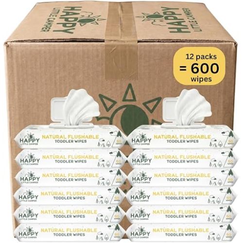Happy Little Camper Natural Flushable Wipes - Hypoallergenic Wet Wipes with Aloe Vera, Chamomile and Pomegranate Extract - Unscented Baby Wipes Safe for Sensitive Skin - 600 Count