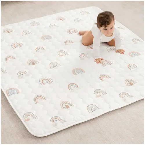 Comfy Cubs Square Kids Play Mat - 56 x 56 inches Soft Quilted Baby Floor Mat with Non-Slip Bottom - Plush Design for Toddlers' Playtime and Relaxation - Comfortable and Durable - Rainbow
