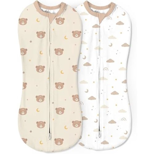 Baby Swaddle 0-2 Months, Cotton Arm-In Zipper Sleep Sack, Wearable Blankets Wrap for Newborn Infant Girls, Boys (Bear, Star Moon, Pack of 2)
