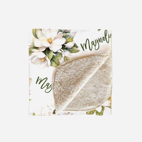 White Magnolia Name Blanket, Personalized Girl Sherpa or Minky Blanket, Plush Cozy Warm Blanket, Gift for Grandkid Christmas Birthday