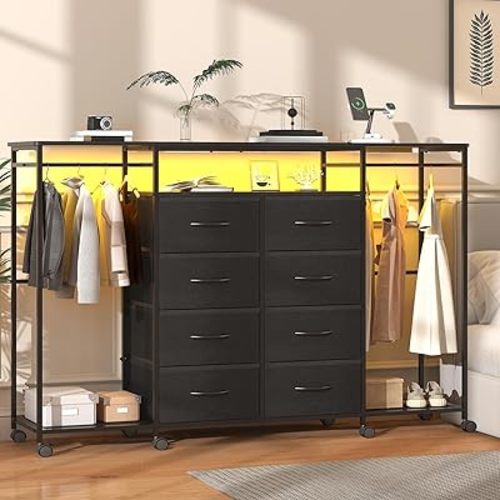 59.1" W Dresser for Bedroom with Hanging Rack, 8 Drawer Dresser with LED Lights & Charging Station, Fabric Dressers with Portable Wheels,Metal Frame, Wooden Top (Black)